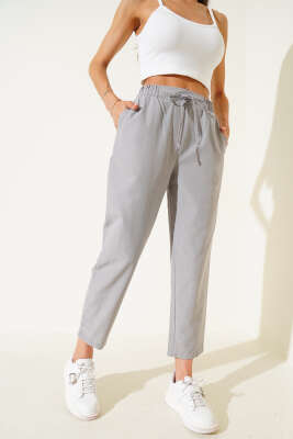 Beli Lastikli İp Bağcıklı Pantolon Gri - Thumbnail
