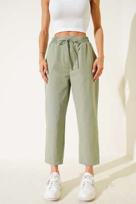 Beli Lastikli İp Bağcıklı Pantolon Haki - Thumbnail