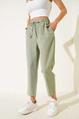 Beli Lastikli İp Bağcıklı Pantolon Haki - Thumbnail