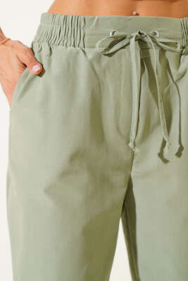 Beli Lastikli İp Bağcıklı Pantolon Haki - Thumbnail