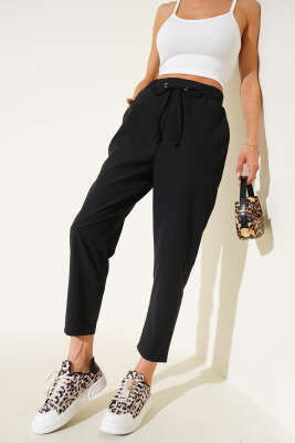 Beli Lastikli İp Bağcıklı Pantolon Siyah - Thumbnail