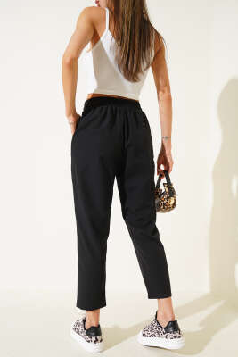 Beli Lastikli İp Bağcıklı Pantolon Siyah - Thumbnail