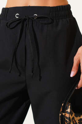 Beli Lastikli İp Bağcıklı Pantolon Siyah - Thumbnail