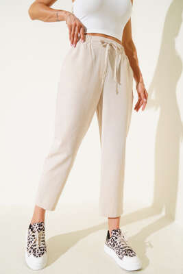 Beli Lastikli İp Bağcıklı Pantolon Taş - Thumbnail