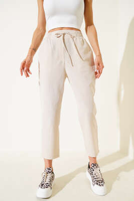 Beli Lastikli İp Bağcıklı Pantolon Taş - Thumbnail