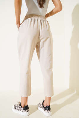 Beli Lastikli İp Bağcıklı Pantolon Taş - Thumbnail