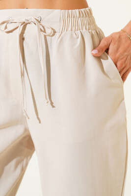 Beli Lastikli İp Bağcıklı Pantolon Taş - Thumbnail