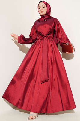 Pazarium - Kurdele Kuşaklı Abiye Elbise Bordo