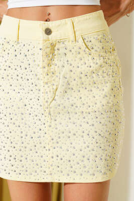 Taş Süslemeli Kot Mini Etek Sarı - Thumbnail
