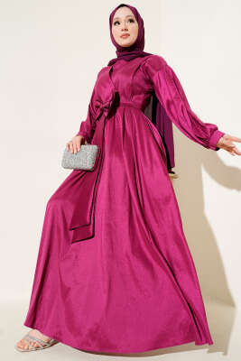 Pazarium - Kurdele Kuşaklı Abiye Elbise Vişne