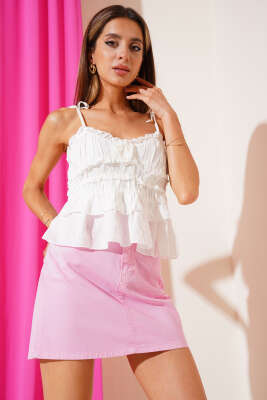 Askılı Gül Detaylı Bluz Beyaz - Thumbnail