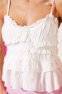 Askılı Gül Detaylı Bluz Beyaz - Thumbnail