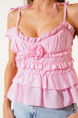 Askılı Gül Detaylı Bluz Pembe - Thumbnail