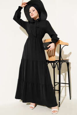 Pazarium - Önden Bağlama Detaylı Lastikli Elbise Siyah