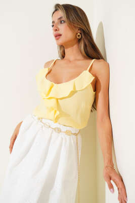Pazarium - Askılı Fırfırlı Keten Bluz Sarı