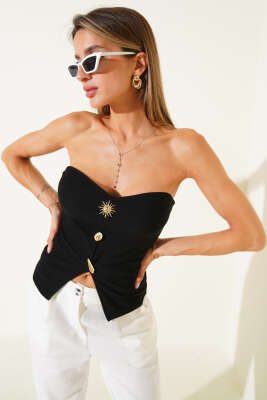 Pazarium - Straplez Düğme Detaylı Kaşkorse Bluz Siyah