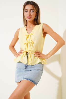 Pazarium - Ön Bağlamalı Pileli Bluz Sarı