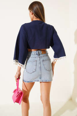 Kol Püsküllü Kimono Lacivert - Thumbnail