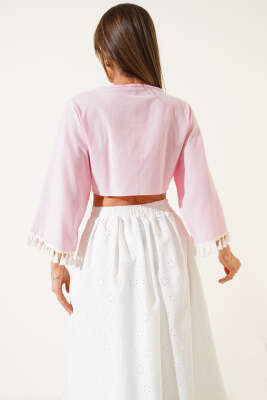 Kol Püsküllü Kimono Pembe - Thumbnail