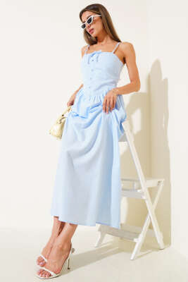 Pazarium - Fiyonk Detaylı Midi Elbise Mavi