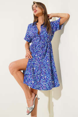 Çiçek Desenli Mini Elbise Lacivert - Thumbnail