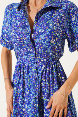 Çiçek Desenli Mini Elbise Lacivert - Thumbnail