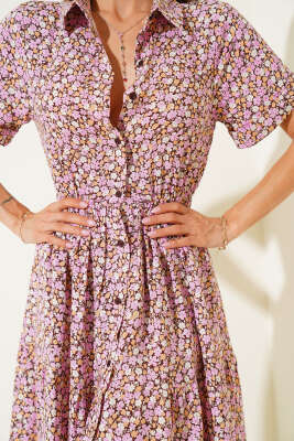 Çiçek Desenli Mini Elbise Pembe - Thumbnail