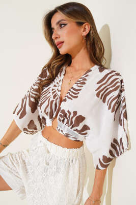 Pazarium - Yarasa Kol Desenli Keten Bluz Kahve