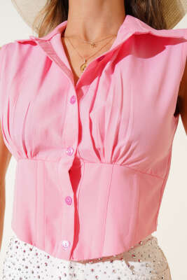 Arka Gipeli Kısa Gömlek Pembe - Thumbnail