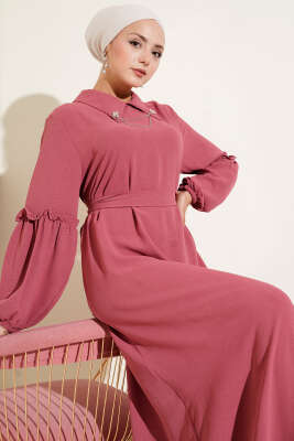 Pazarium - Ayrobin Kol Büzgülü Elbise Gül Kurusu