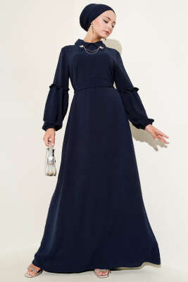 Pazarium - Ayrobin Kol Büzgülü Elbise Lacivert