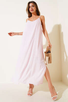 Pazarium - Ayarlanabilir Askılı Yan Yırtmaçlı Elbise Pembe