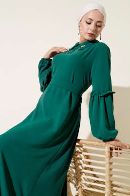 Pazarium - Ayrobin Kol Büzgülü Elbise Zümrüt