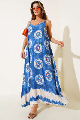 Pazarium - Desenli V Yaka Askılı Elbise Mavi