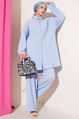 Pazarium - Gofre Desenli İkili Takım Bebe Mavi