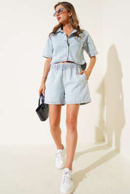 Pazarium - Çıtçıt Düğmeli Şortlu Kot İkili Takım Açık Kar