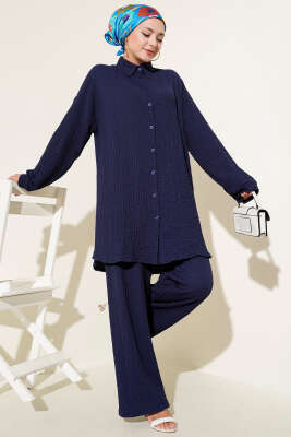 Pazarium - Gofre Desenli İkili Takım Lacivert