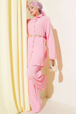 Pazarium - Gofre Desenli İkili Takım Pembe