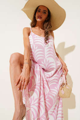 Pazarium - Yaprak Desen İp Askılı Midi Elbise Pembe