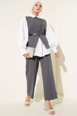Pazarium - Çapraz Düğmeli Kemerli Yelekli İkili Takım Antrasit
