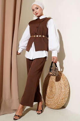 Pazarium - Çapraz Düğmeli Kemerli Yelekli İkili Takım Kahve
