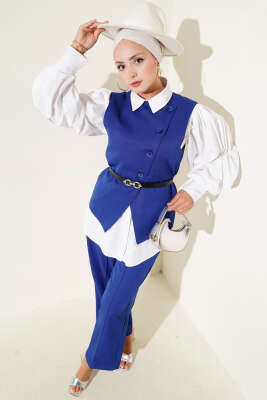 Pazarium - Çapraz Düğmeli Kemerli Yelekli İkili Takım Saks