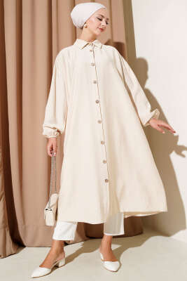Tahta Düğmeli Uzun Tunik Bej - Thumbnail