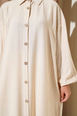 Tahta Düğmeli Uzun Tunik Bej - Thumbnail