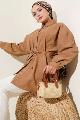 Pazarium - Robalı Balon Kol Kuşaklı Gömlek Camel