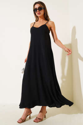 V Yaka Ayrobin Elbise Siyah - Thumbnail