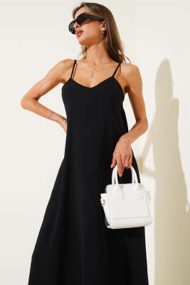 V Yaka Ayrobin Elbise Siyah - Thumbnail