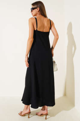 V Yaka Ayrobin Elbise Siyah - Thumbnail