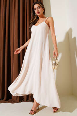 Pazarium - V Yaka Ayrobin Elbise Bej