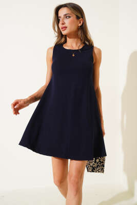 Pazarium - Kolsuz Kaşkorse Mini Elbise Lacivert